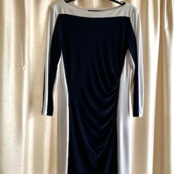 Ralph Lauren Color-block Navy and White Pull-on Ruched Dress, Size 8 - Picture 6 of 7